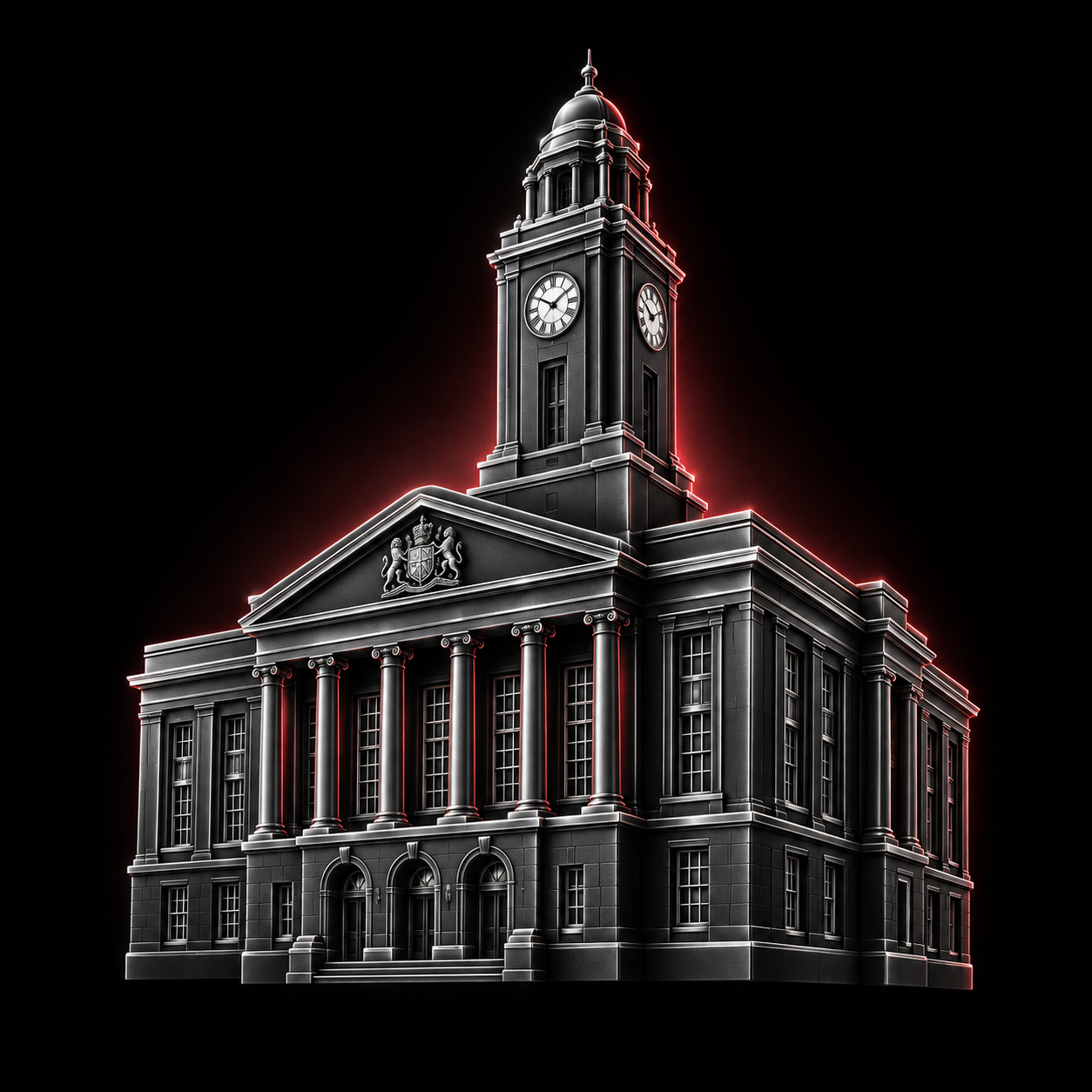 Stylised dark metallic illustration of Barnsley Town Hall with its tall square clock tower