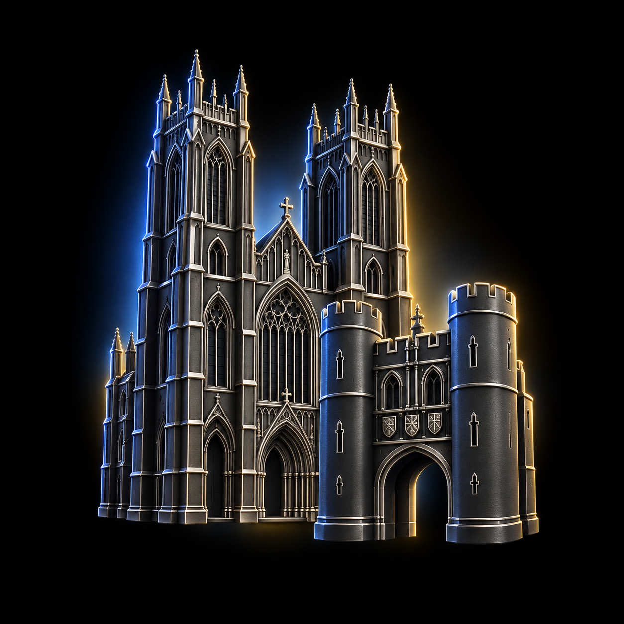 Stylised dark metallic illustration of Beverley Minster's twin Gothic west towers and medieval North Bar gate