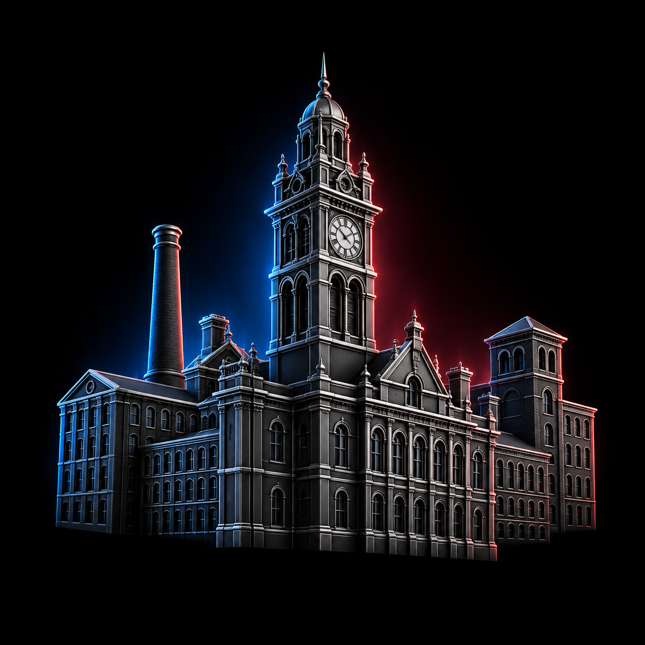 Stylised dark metallic illustration of Bradford City Hall's Italianate clock tower with textile mill buildings