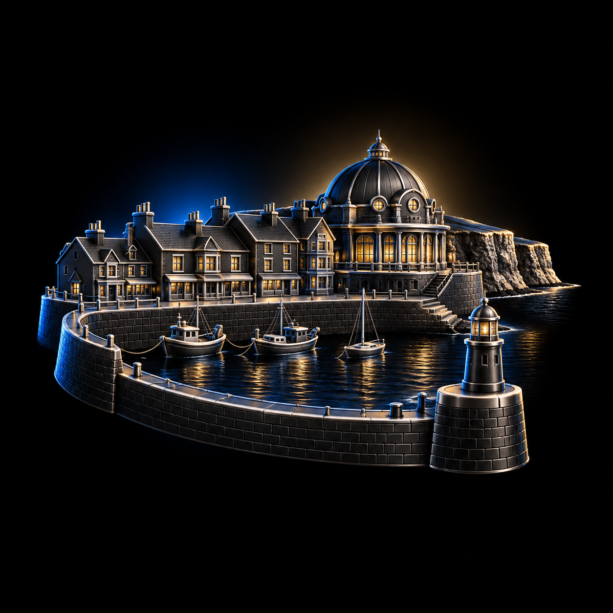 Stylised dark metallic illustration of Bridlington harbour houses and the distinctive domed Spa building