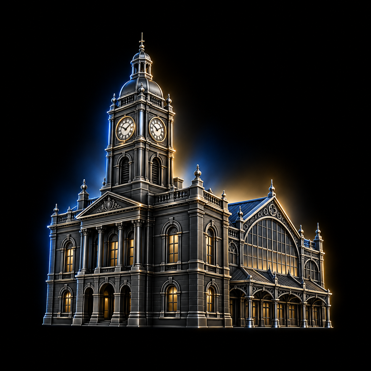Stylised dark metallic illustration of Dewsbury Town Hall clock tower and Victorian market frontage
