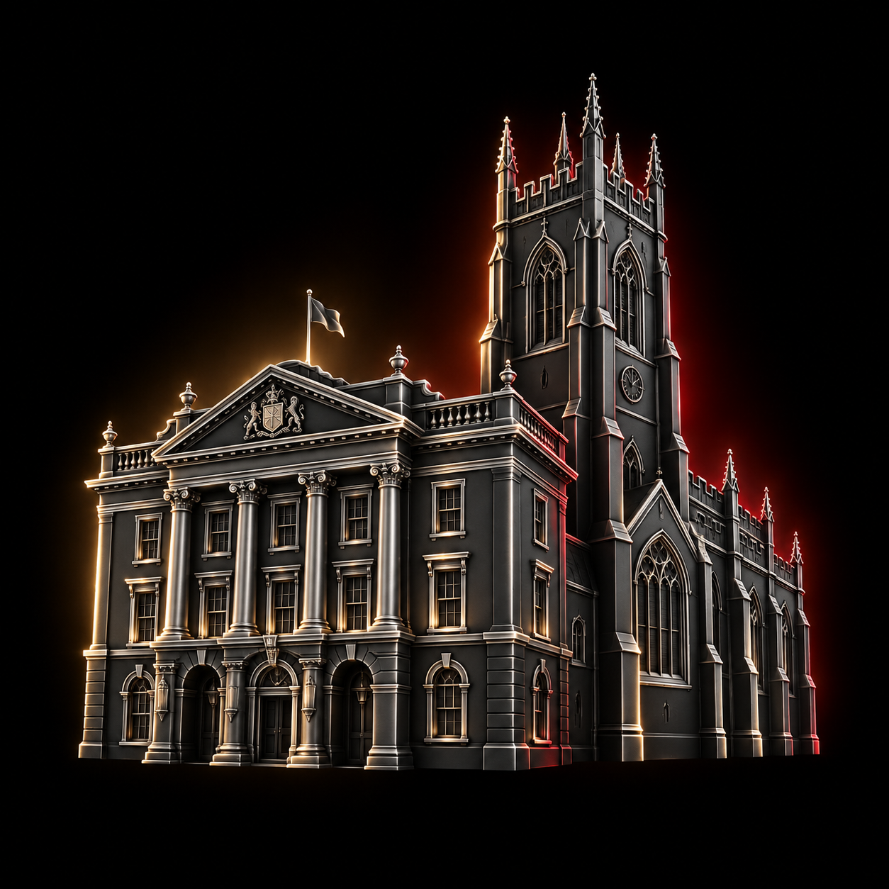 Stylised dark metallic illustration of Doncaster Mansion House's Georgian frontage and the tall Gothic tower of the Minster