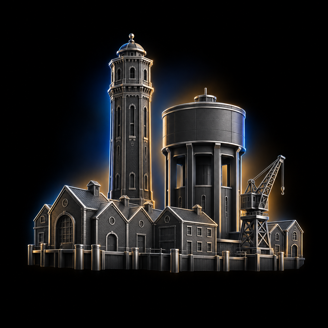 Stylised dark metallic illustration of Goole's contrasting twin water towers, one tall slender brick tower and one broad white cylindrical tower, with dock warehouses