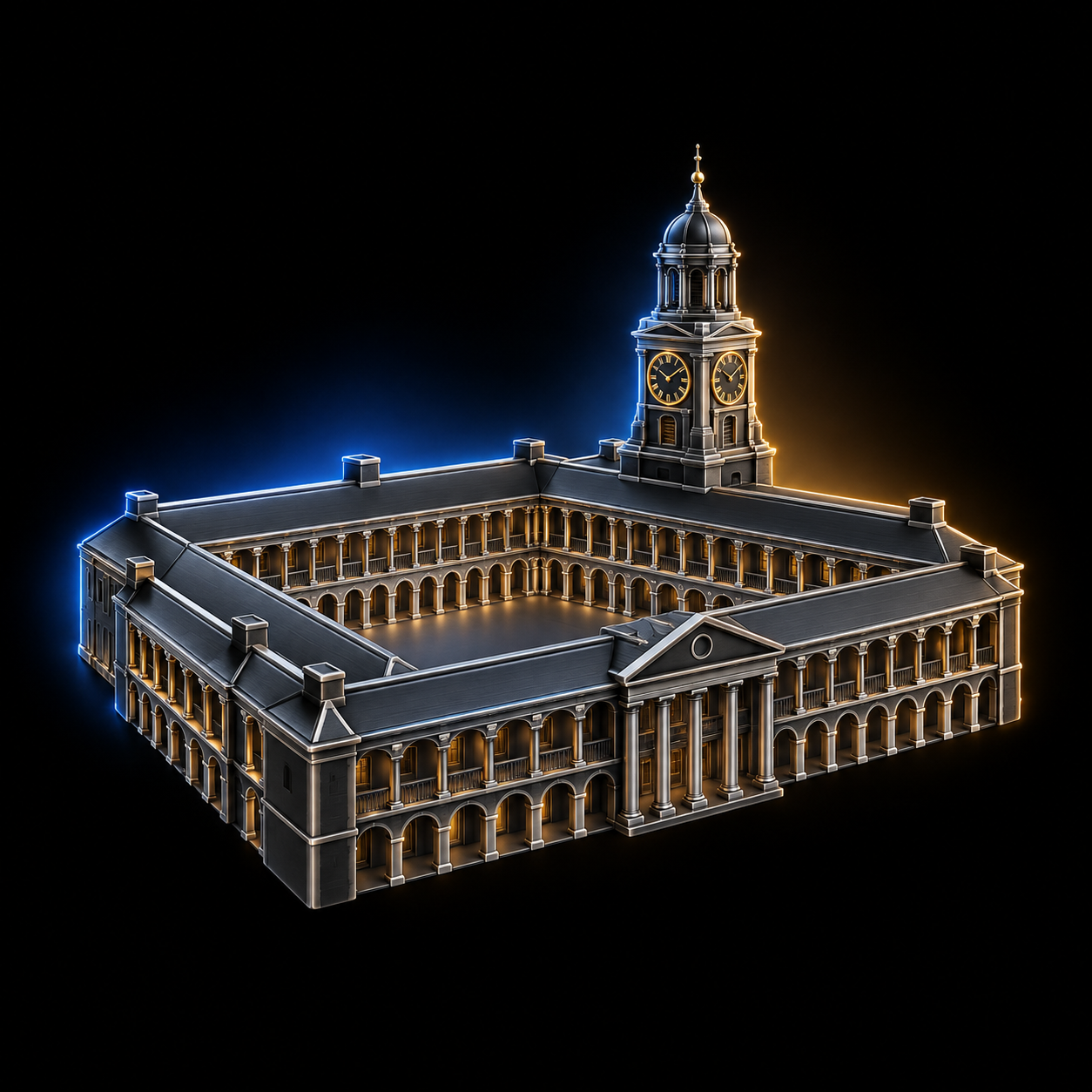 Stylised dark metallic illustration of Halifax Piece Hall's Georgian colonnaded courtyard with the Town Hall clock tower