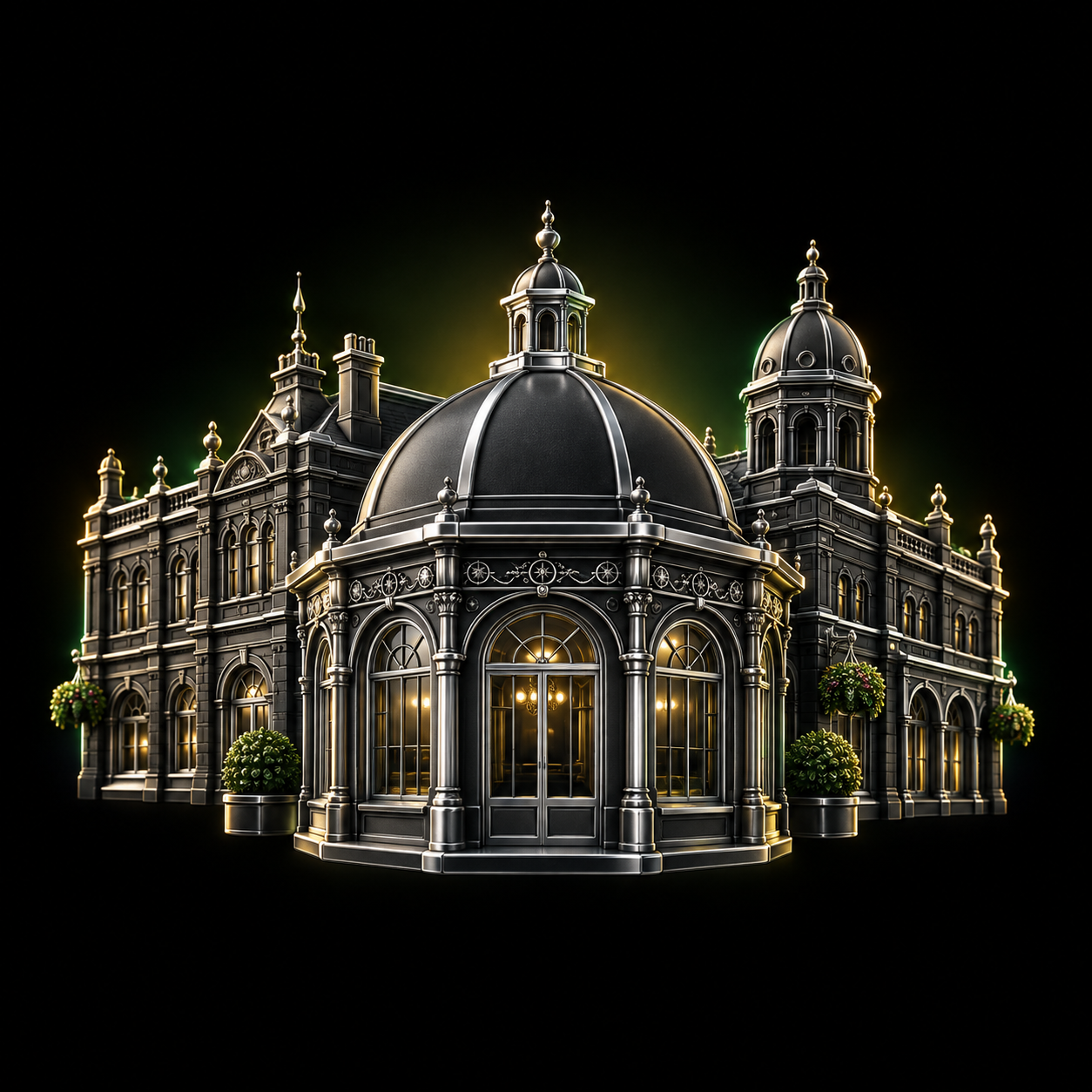 Stylised dark metallic illustration of Harrogate Royal Pump Room's small octagonal domed pavilion and ornate Victorian spa buildings