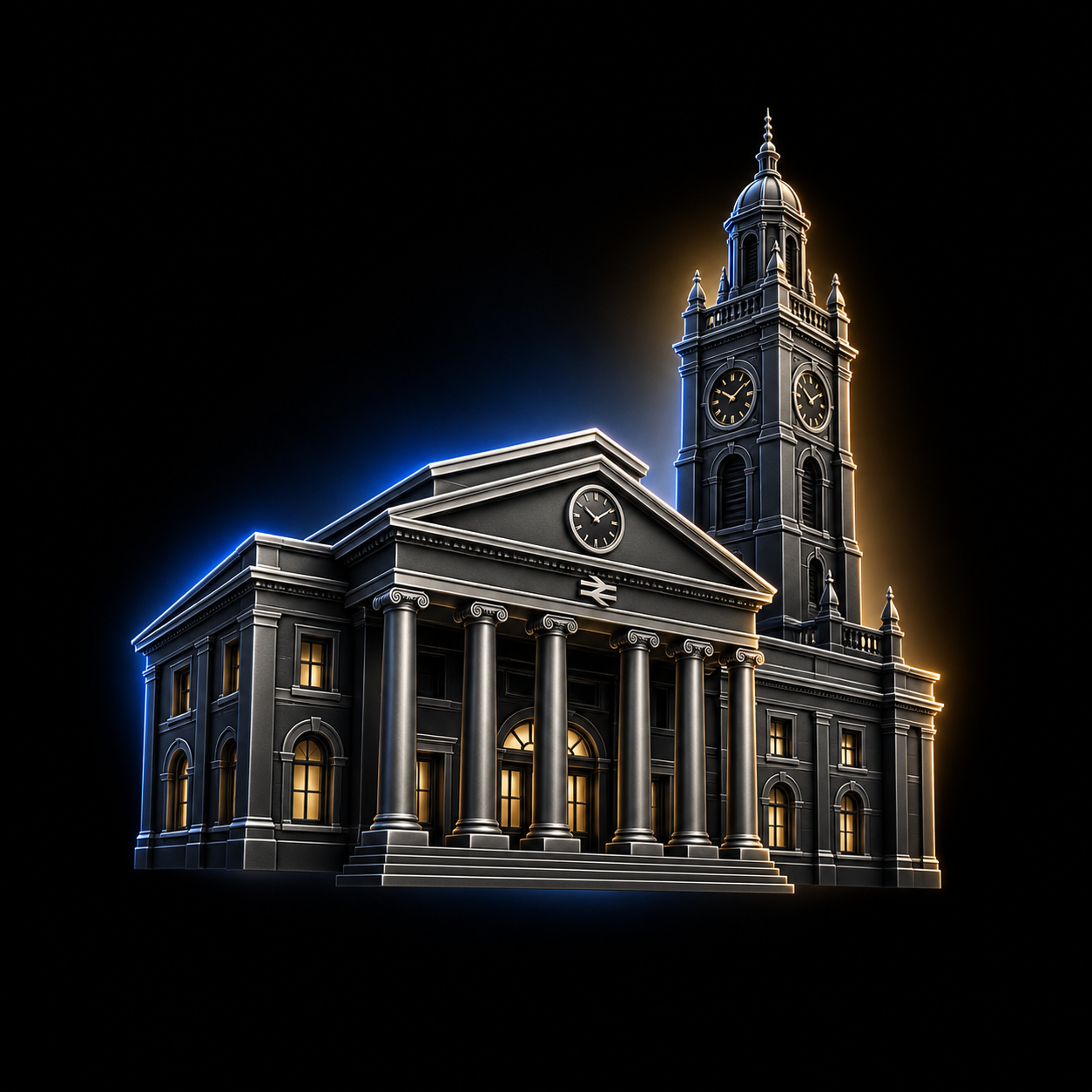Stylised dark metallic illustration of Huddersfield railway station's grand classical portico and Victoria Tower on Castle Hill