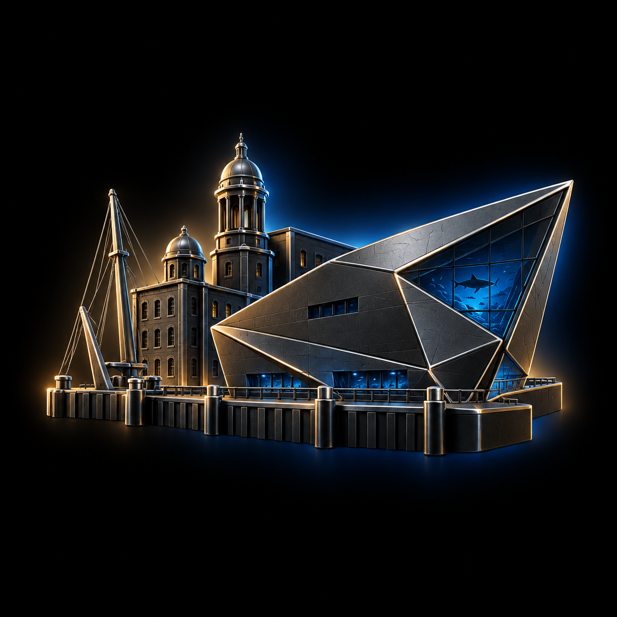 Stylised dark metallic illustration of Hull's futuristic angular aquarium The Deep and maritime dock buildings