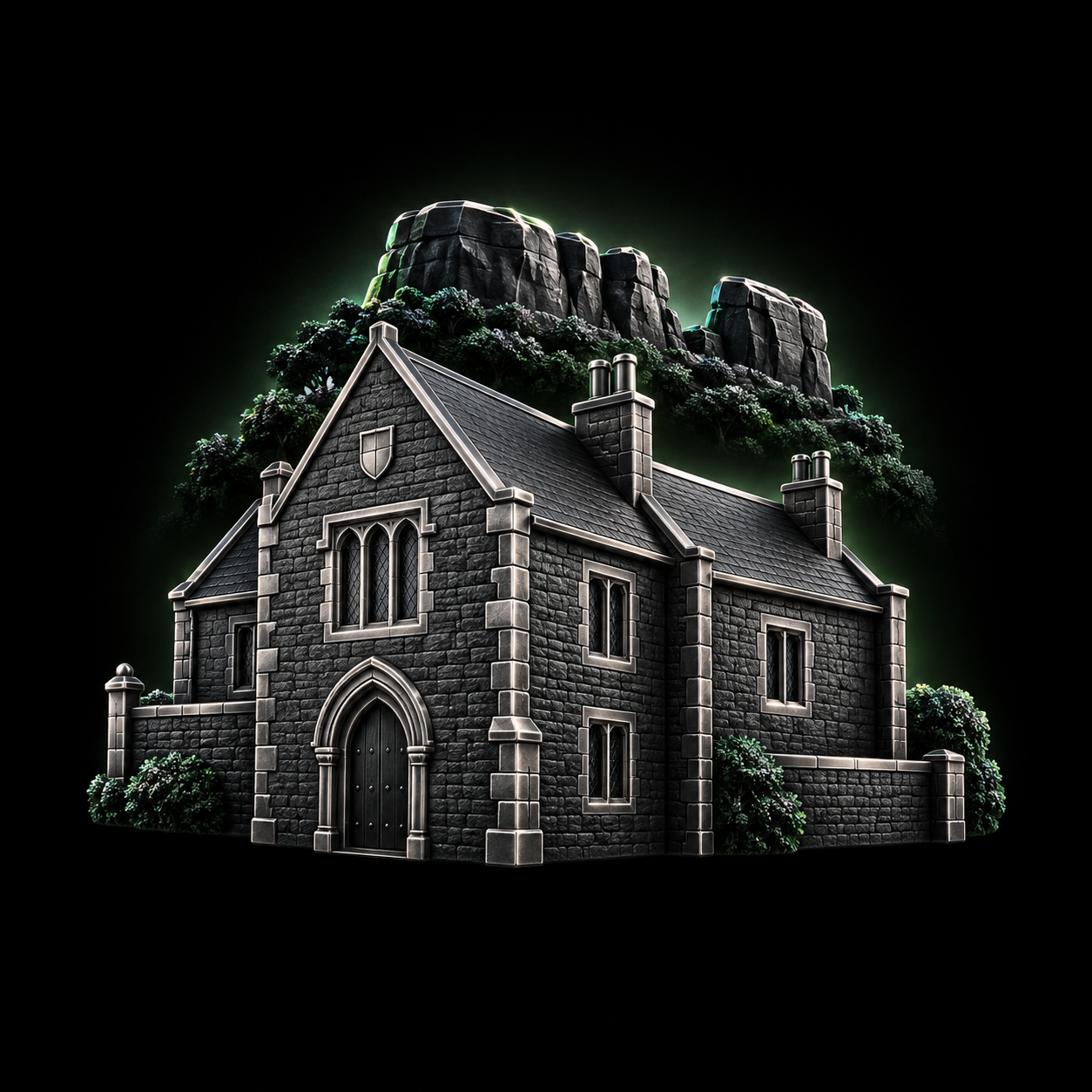 Stylised dark metallic illustration of Ilkley Manor House's modest medieval stone frontage with Cow and Calf rock silhouettes behind it