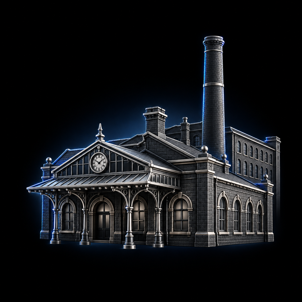 Stylised dark metallic illustration of Keighley's Victorian railway station and industrial mill chimney