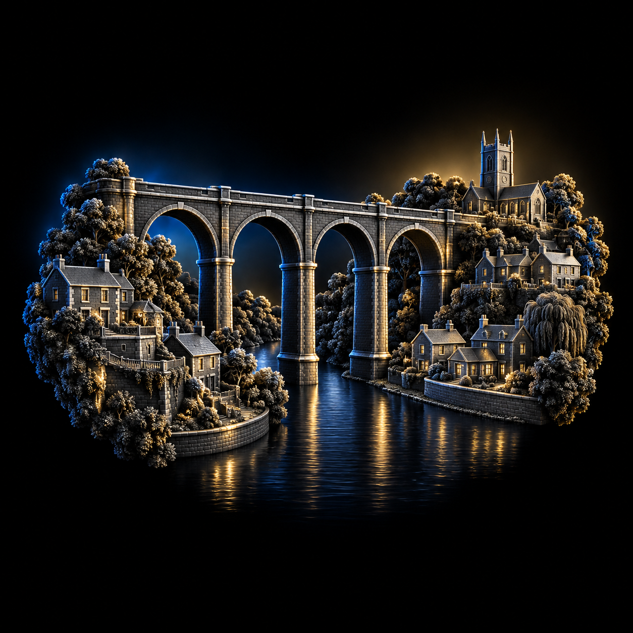 Stylised dark metallic illustration of Knaresborough's tall four-arched railway viaduct over a narrow river with hillside stone houses