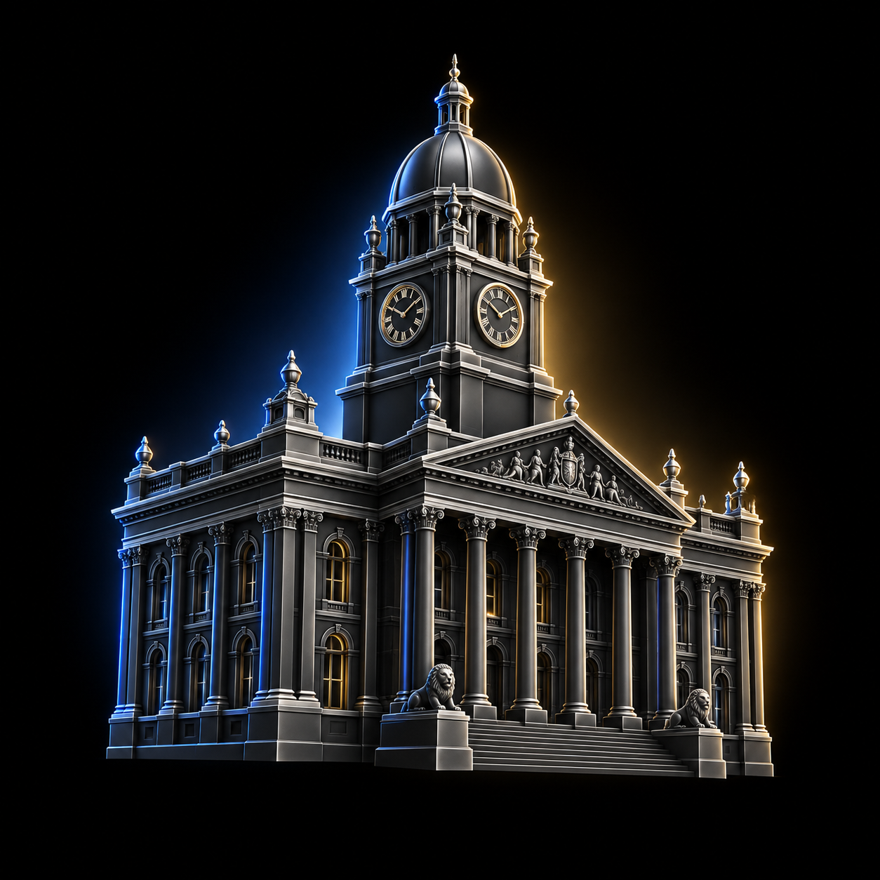 Stylised dark metallic illustration of Leeds Town Hall's clock tower and neoclassical frontage