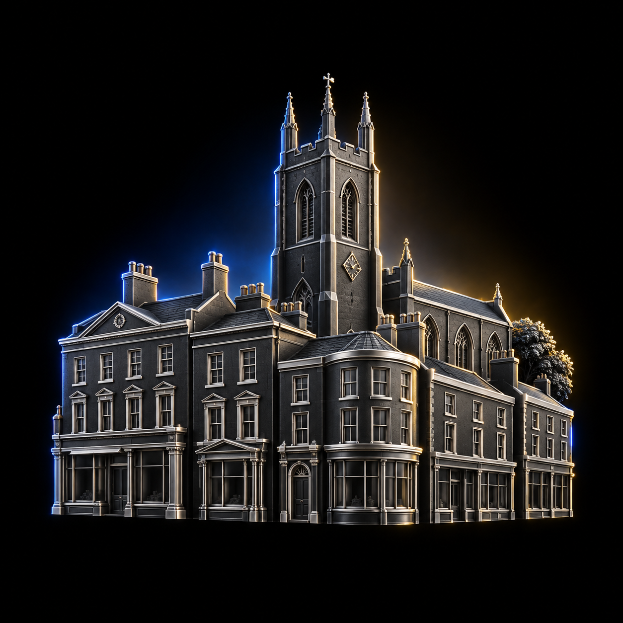 Stylised dark metallic illustration of Northallerton's Georgian high street facades and All Saints church tower