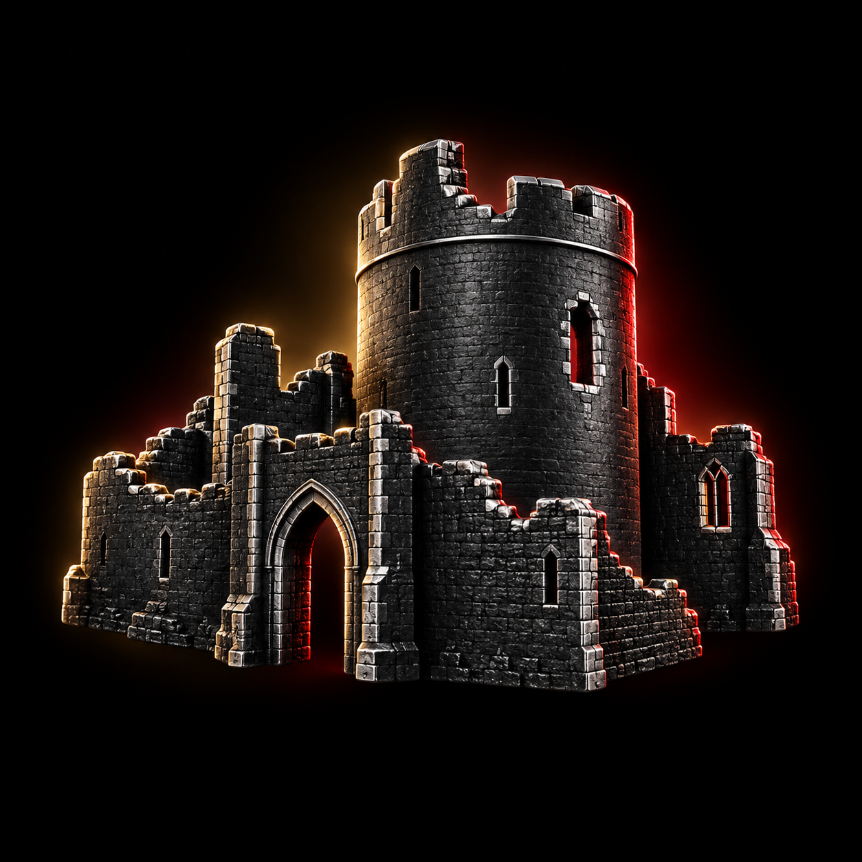 Stylised dark metallic illustration of Pontefract Castle's distinctive ruined round tower and broken stone curtain walls