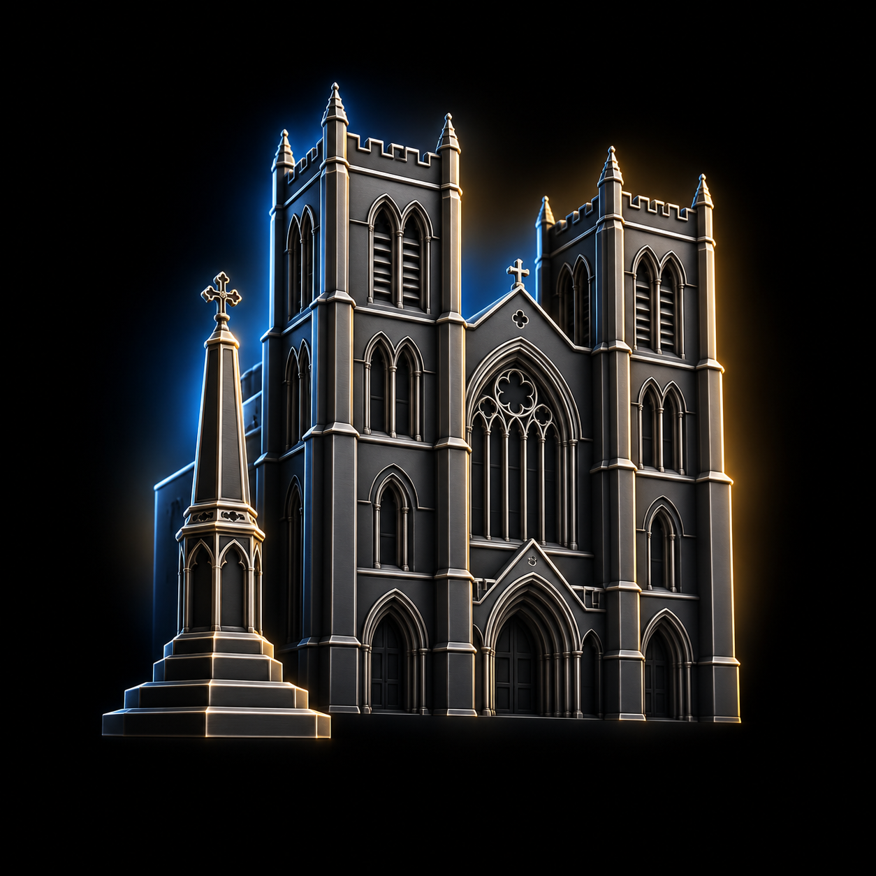 Stylised dark metallic illustration of Ripon Cathedral's square twin west towers and small market square obelisk