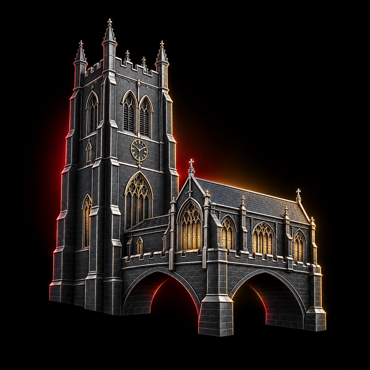 Stylised dark metallic illustration of Rotherham Minster's large perpendicular Gothic tower and medieval bridge chapel