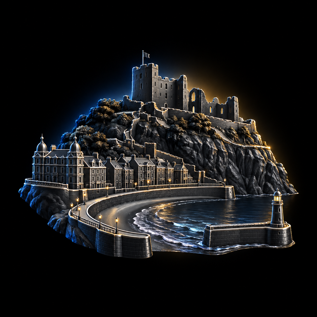 Stylised dark metallic illustration of Scarborough Castle's ruined square keep on a rocky headland above seaside terraces