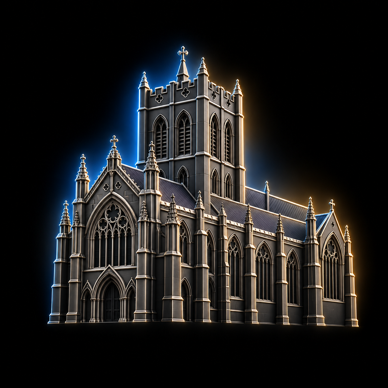 Stylised dark metallic illustration of Selby Abbey with its central square tower and Gothic west front