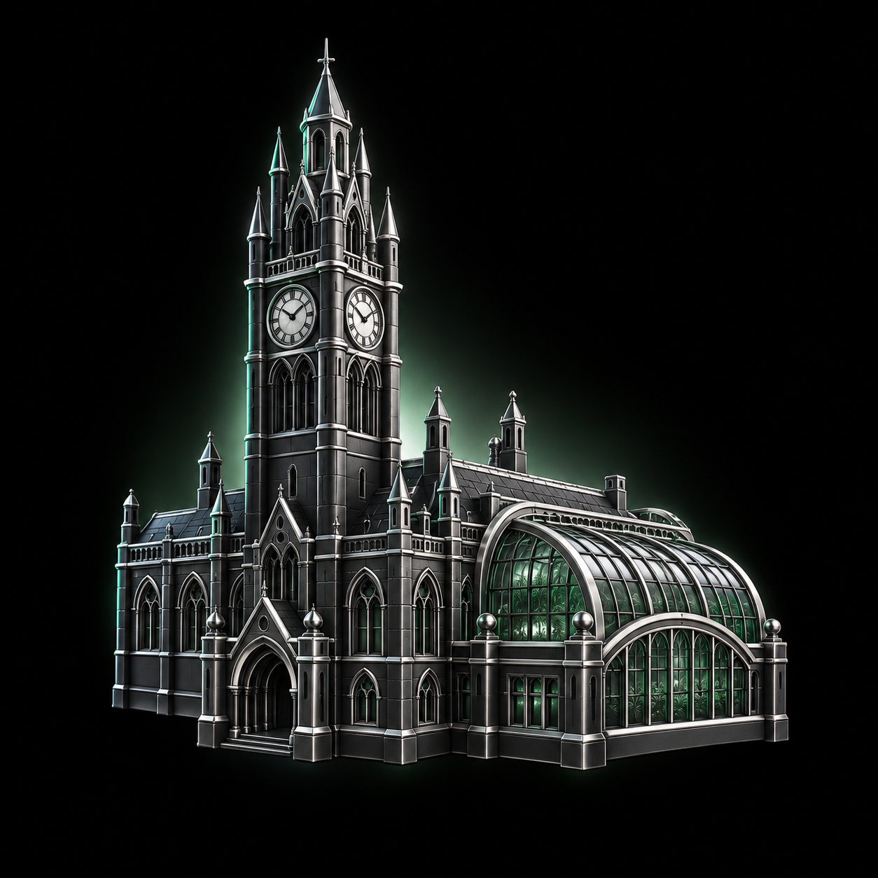 Stylised dark metallic illustration of Sheffield Town Hall's Gothic clock tower with the curved silver Winter Garden roof