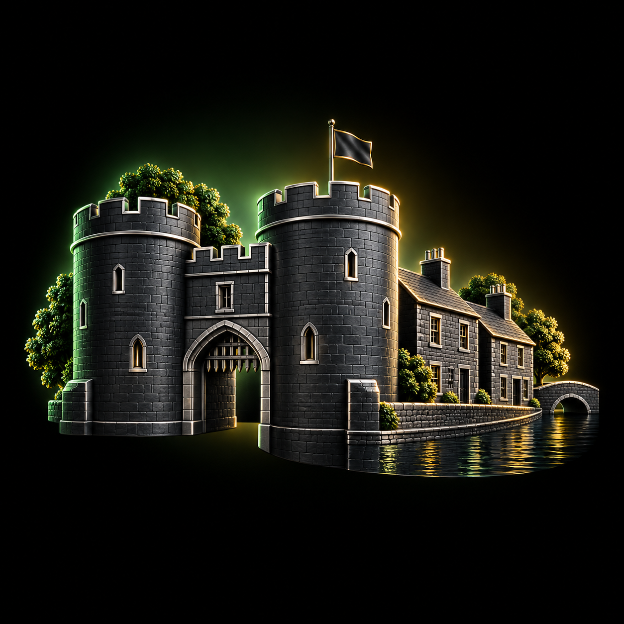 Stylised dark metallic illustration of Skipton Castle's paired round gateway towers and short canal-side stone houses