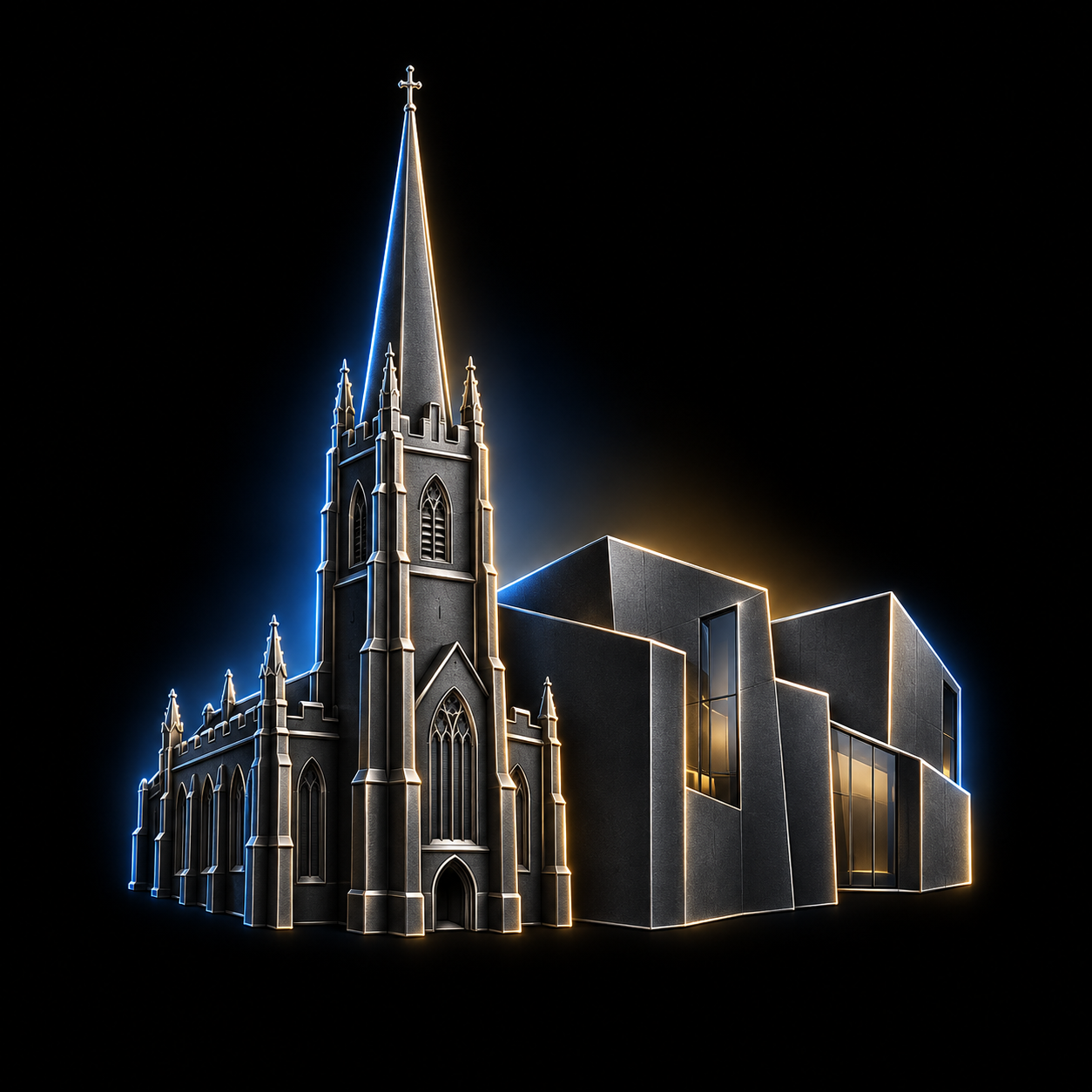 Stylised dark metallic illustration of Wakefield Cathedral's very tall slender spire and angular modern Hepworth gallery