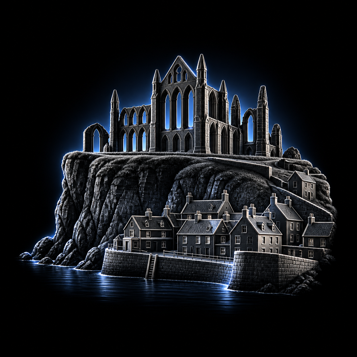 Stylised dark metallic illustration of Whitby Abbey's roofless Gothic ruins on a cliff with tiny harbour cottages