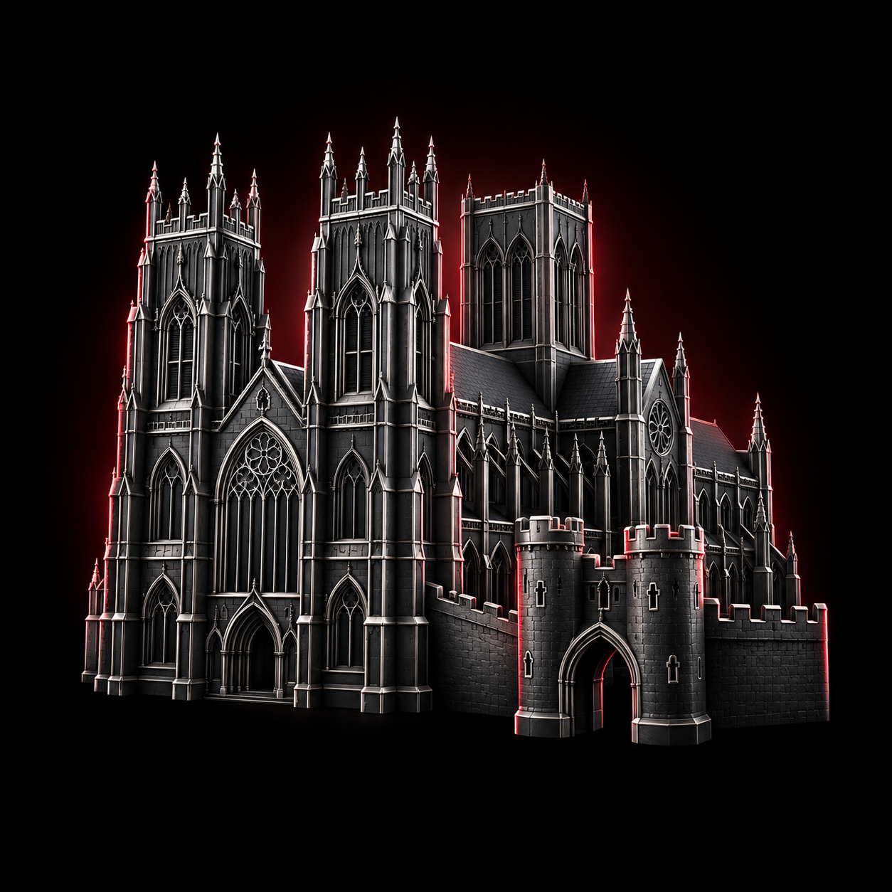Stylised dark metallic illustration of York Minster's twin west towers and central square tower with a small medieval city gate